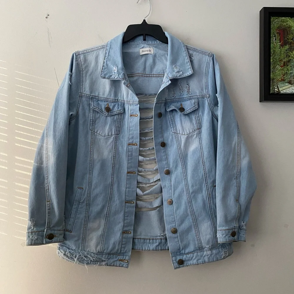 MONO B Oversized Denim Jean Jacket Distressed Cotton Women’s Size M - Picture 12 of 16
